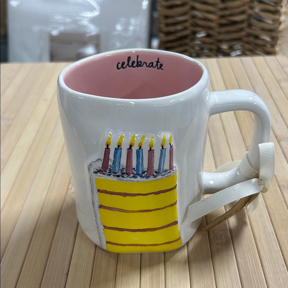 Rae Dunn 🎉CELEBRATE 🎉 White Mug with Yellow Cake Design